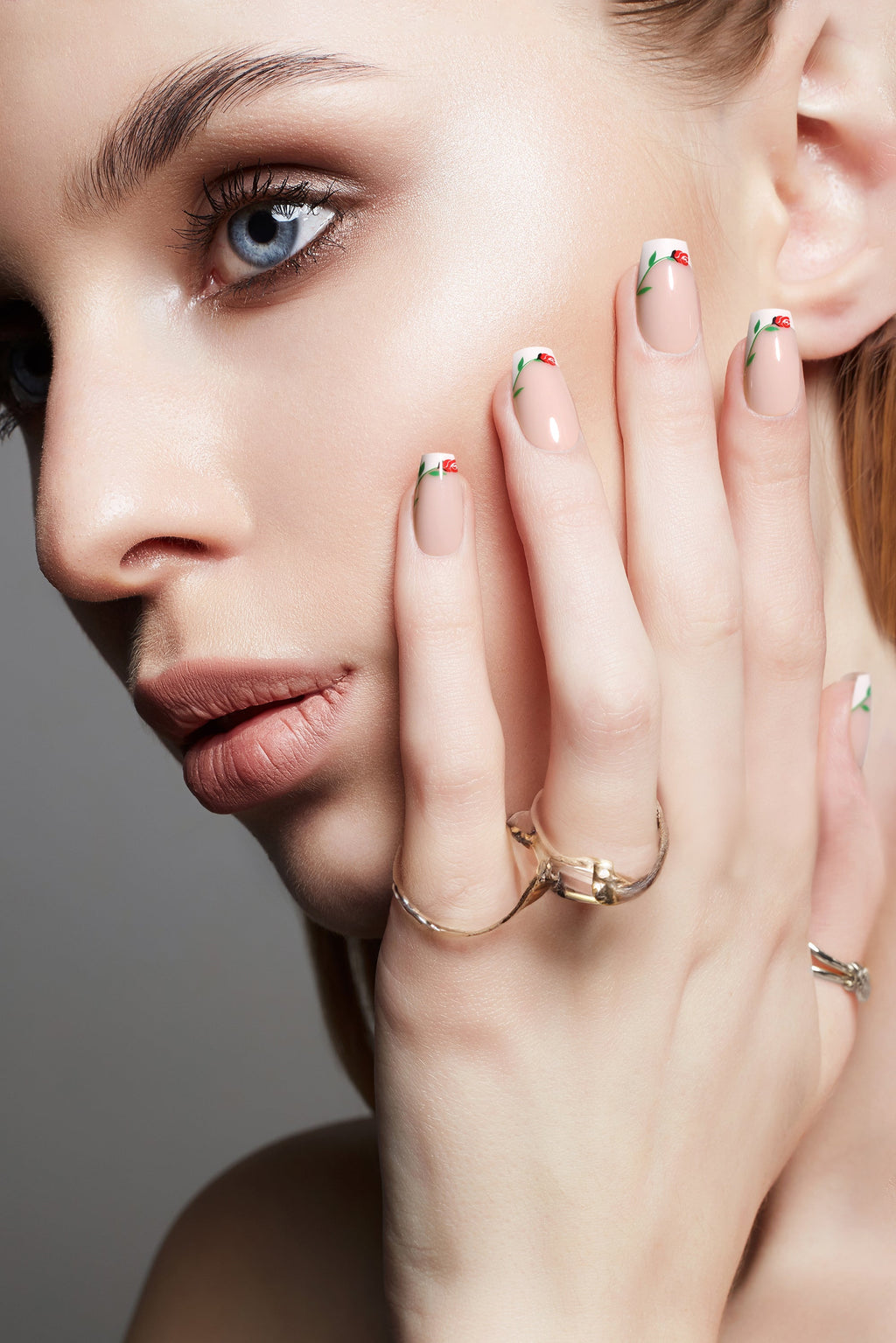Rose Coronet Press-On Nails | French Tip with Floral Design