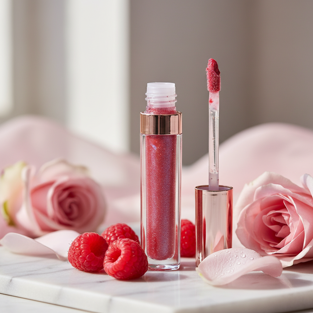 Raspberry shimmer lip gloss on marble with raspberries and rose petals