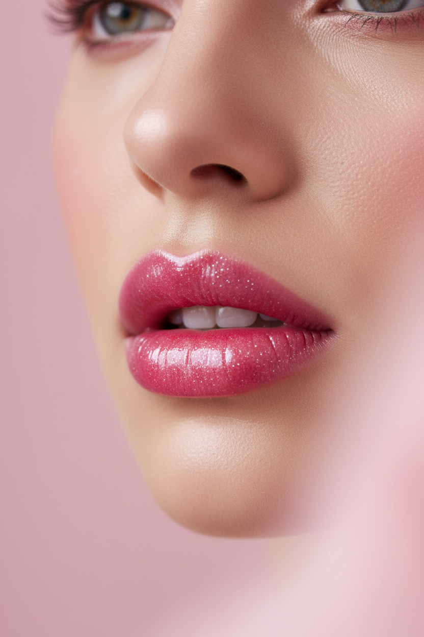 Close-up of glossy shimmery pink lips